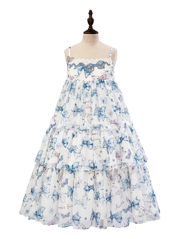 ブルーのハイウエストリボンプリントティアードスカート サマーロリータドレス