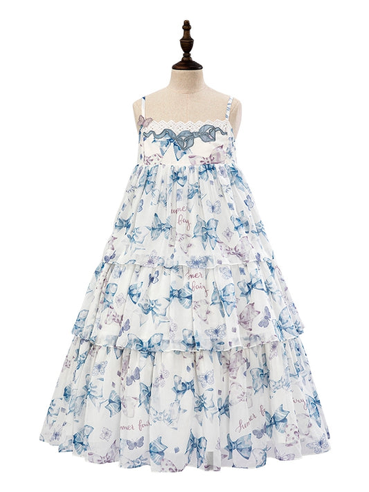 ブルーのハイウエストリボンプリントティアードスカート サマーロリータドレス