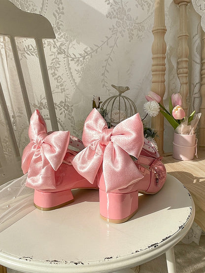 PU - Accent Sweet Bow Design Deep Crisscross Mid-heel Lolita Pink Shoes