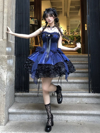 Dress Boned Bouquet Strapless Hem Black Gothic Rose Lolita with Blue