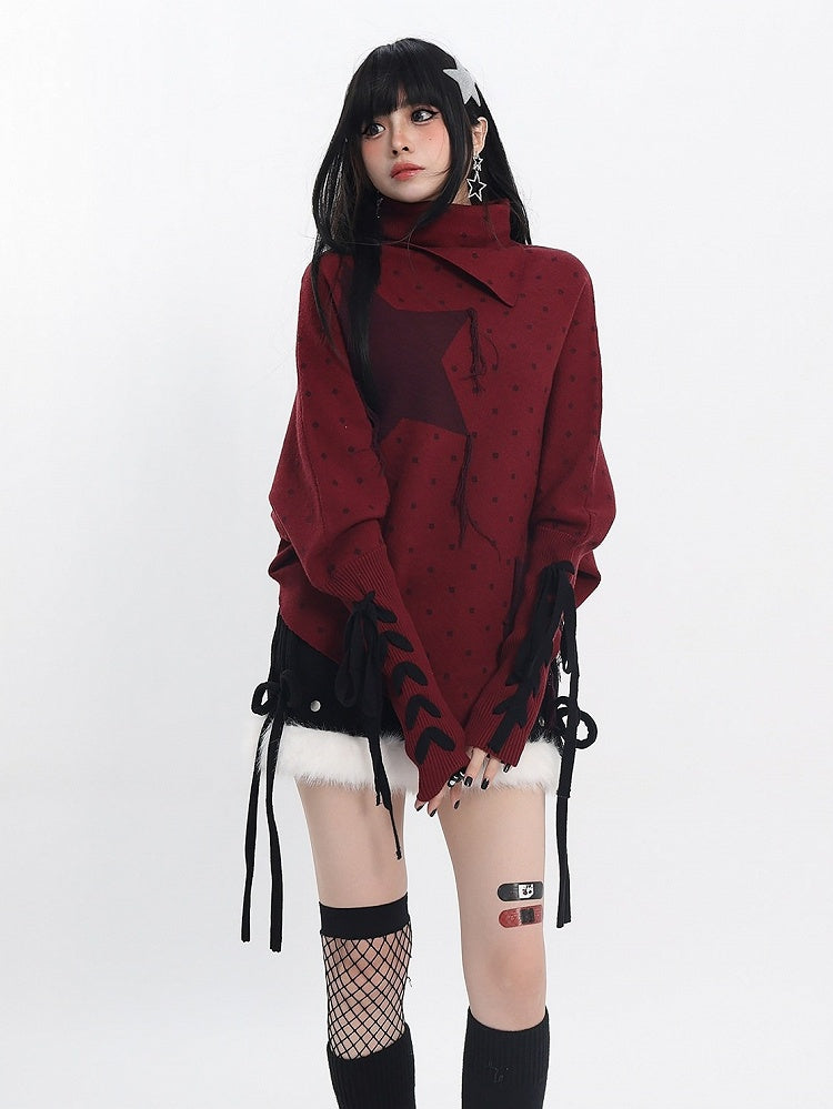 Red Turtleneck Sweater with Star Polka Dot Print, Pointed Hem, Frayed Fringe & Lace-Up - Catwish