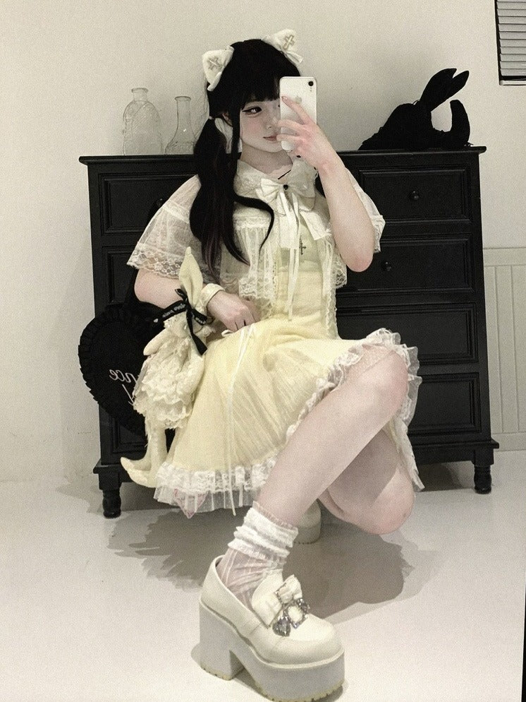 Lace Cape Design Dress with Bow, Short Sleeve, 4 Colors, Landmine - Kitty Bxllet