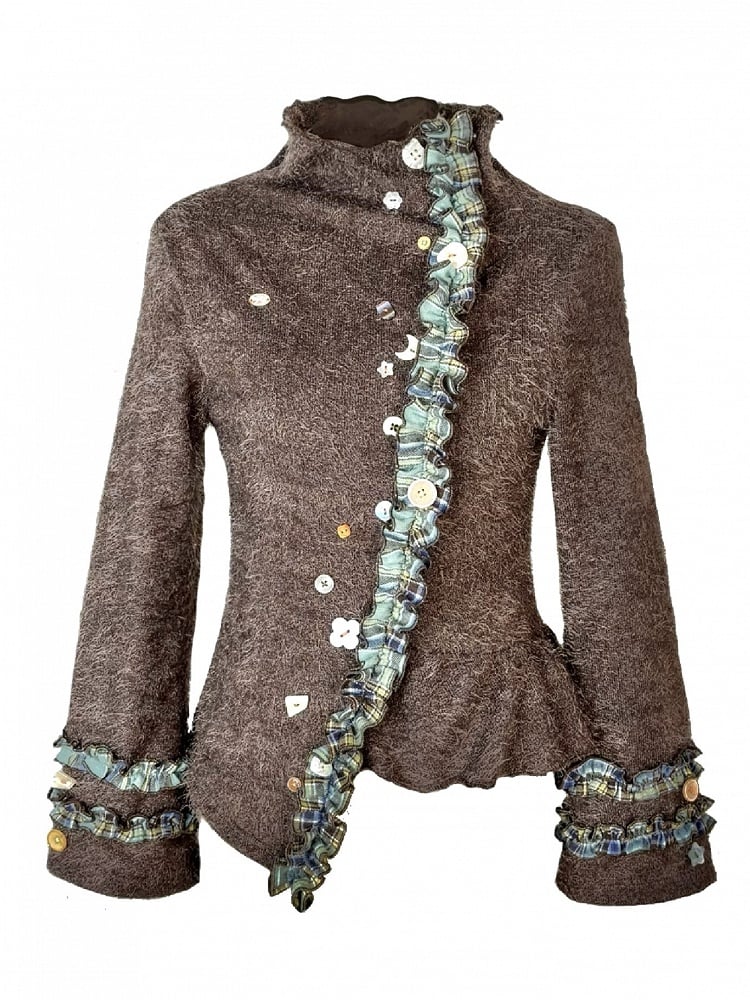 Playful Accents with Brown Kei Buttons Cardigan Mori Green Knit Plaid Vintage