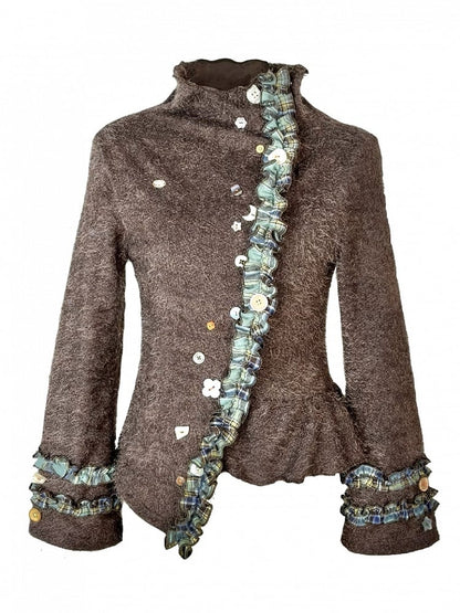 Playful Accents with Brown Kei Buttons Cardigan Mori Green Knit Plaid Vintage