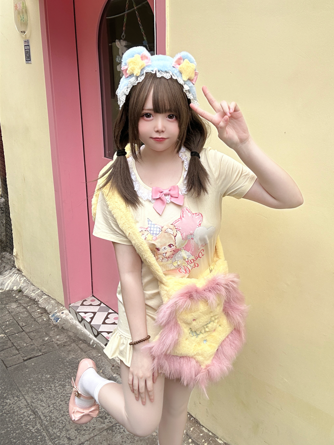 Adorable Teddy Bear Print Bowknot Ruffled Dress Neckline Embellished Pink/Yellow Mini