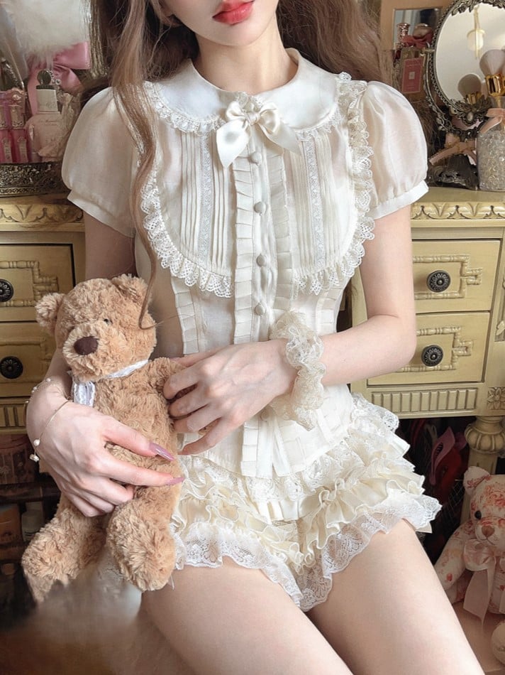 Spitzenbesetztes Set Puff Apricot Bluse Cami Sleeve Mit