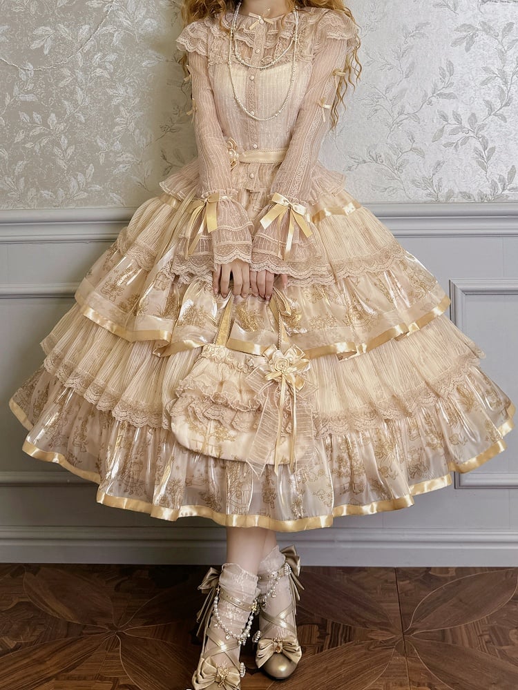 Champagnerbluse mit langen Ärmeln und Schleifen, halbtransparent