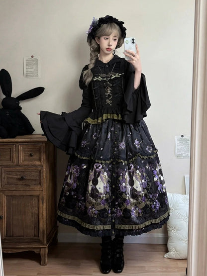 Front Placket Floral Bunny and with Jacquard Lolita Skirt Print Button