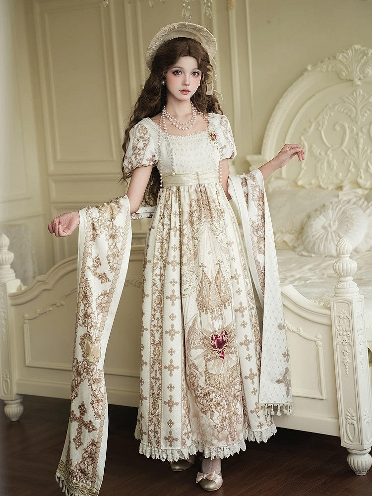 Gold Cross Pattern Gothic Lolita Empire Dress Set - Unknown Star