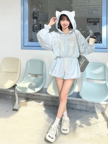 Blaue Bubble Yume Kawaii Spitzenshorts mit Kordelzug