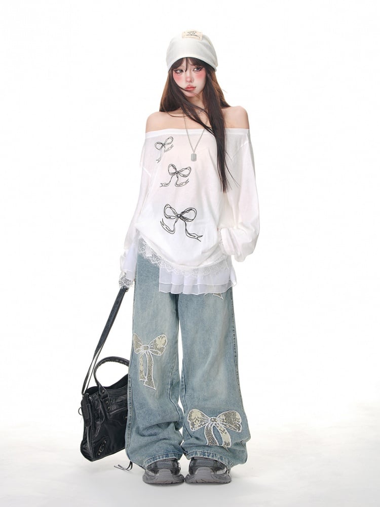 High Street Jeans mit weitem Bein und Spitzenschleife in Blau