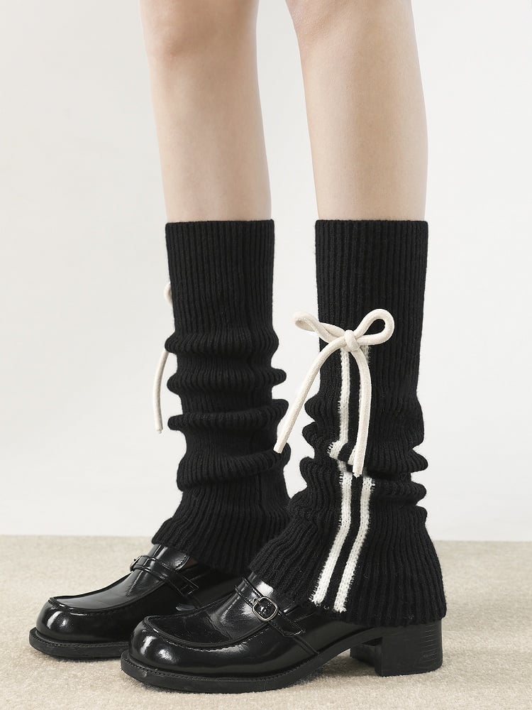 Colors Knitted Strappy Pattern Vertical Warmers 5 Bow Leg Striped Accent