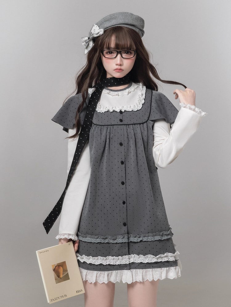 Dress Two-Piece Kei Dot Fake Sleeve Polka Jirai Ruffled Gray Long
