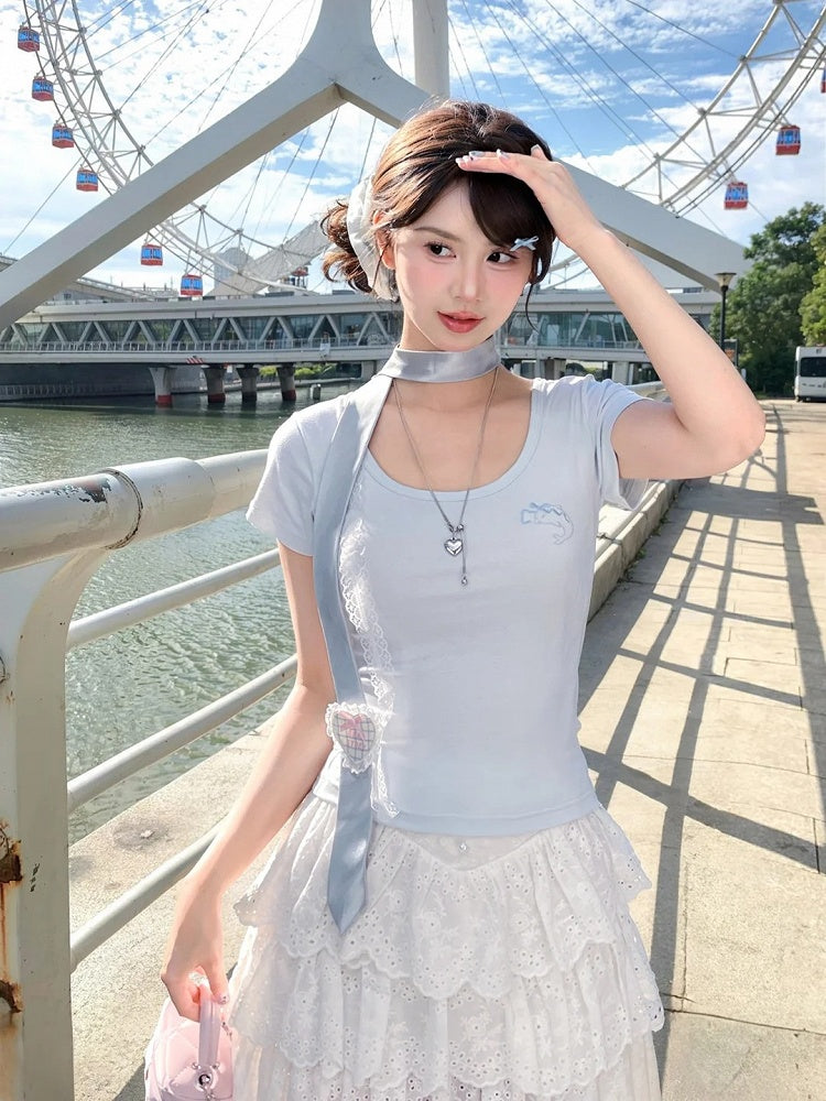 Dolphin-shaped Cutout Back Blue Scoop Neckline T-shirt