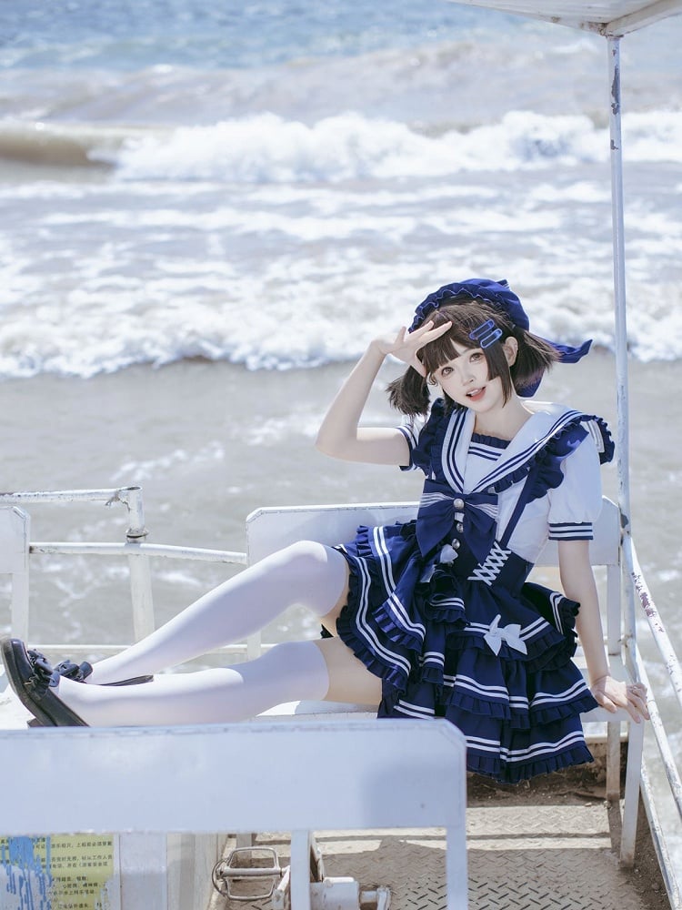 Lolita Dress Accents Tiered Skirt Sweet Flutter Sleeves Bow Overalls Blue Navy