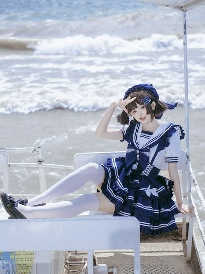 Lolita Dress Accents Tiered Skirt Sweet Flutter Sleeves Bow Overalls Blue Navy