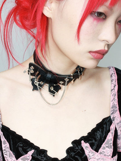 PU Details Black Accents Safety with Punk Chain Pin Studed Butterfly Choker