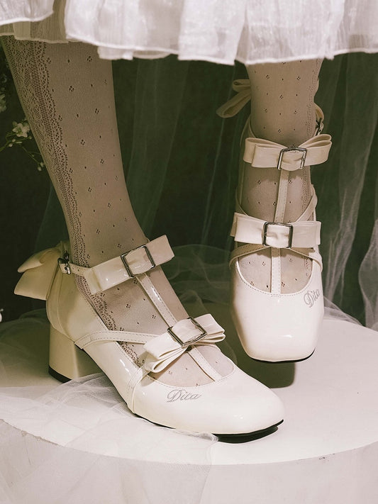 Lolita Toe Heels Polished Middle Accents Bow Design Elegant Square T-strap White with