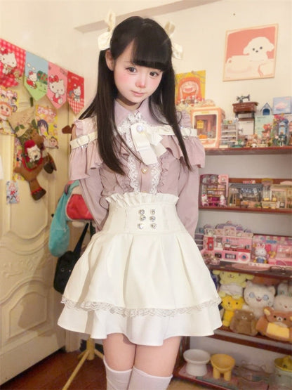 Ryousangata Trim White Skirt High-Waist Rhinestone-Embellished Lace