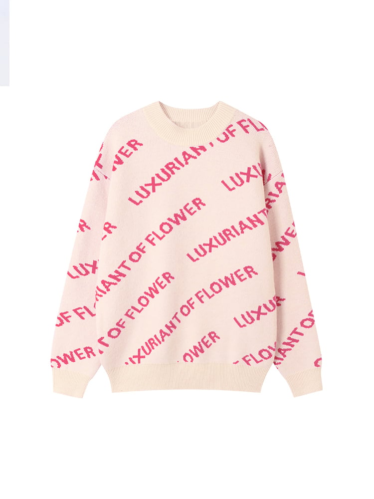 Pullover Vibrant Knit Crewneck Pink with Lettering Sweater