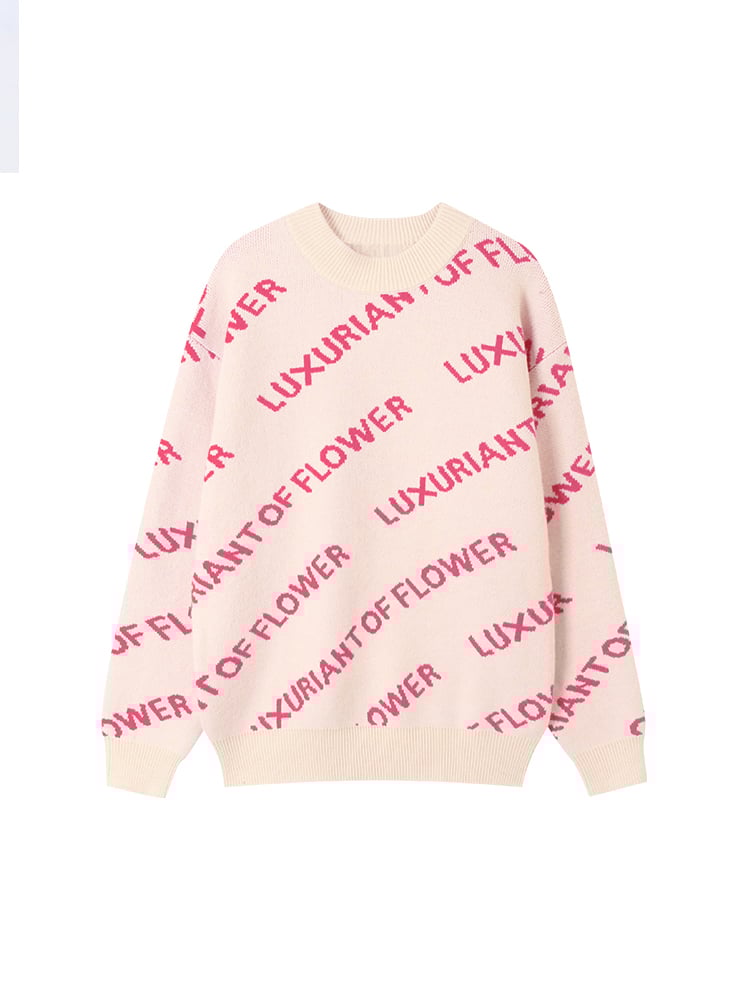 Vibrant Lettering Crewneck Pullover Sweater with Knit Pink