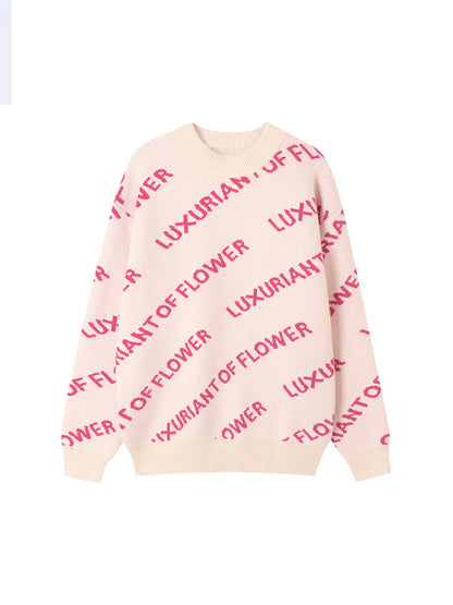 Vibrant Lettering Crewneck Pullover Sweater with Knit Pink