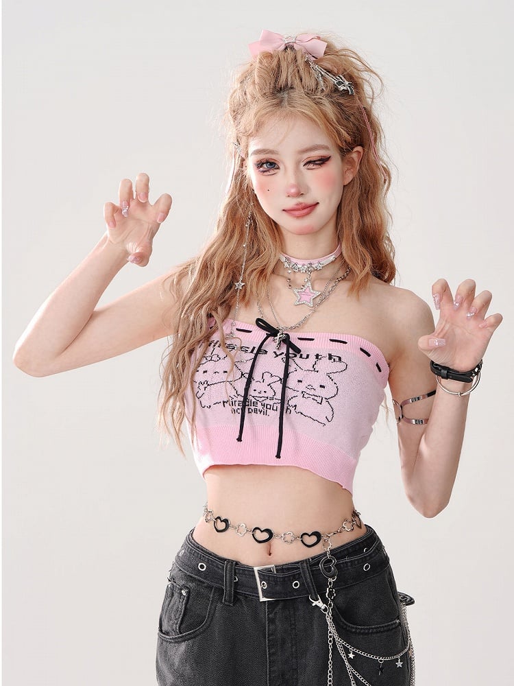 Print Pink Tube Top Gyaru Bow in Tie Bunny Style Front with Crop -
