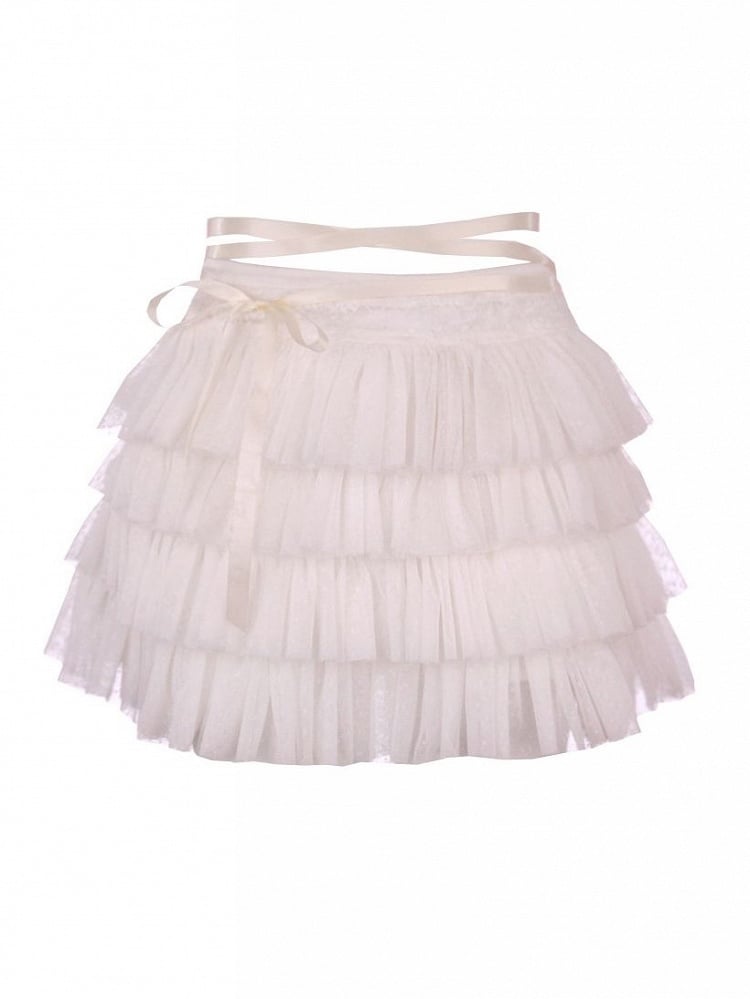 Mit Satinschleife, gepunkteter weißer Puff-Tüllrock mit Polka-Muster