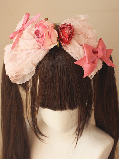 Floral Design Bowknot Details Lace Trim Pink Hairclip