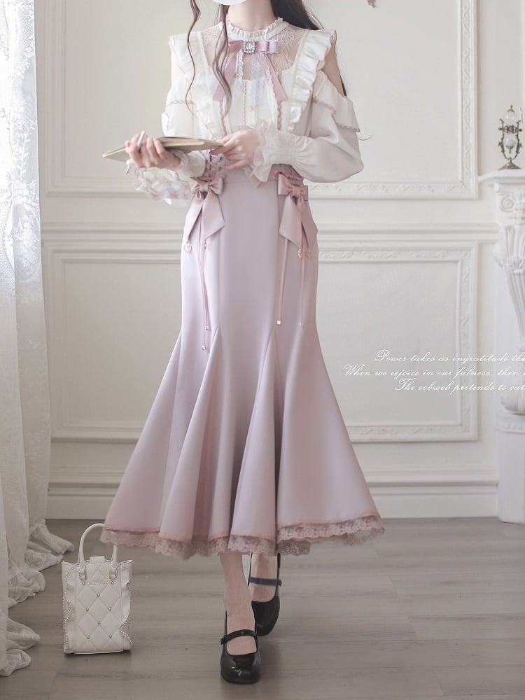Light Pink Skirt Detail Mermaid Lace Lace-Up Trim and with High-Waisted