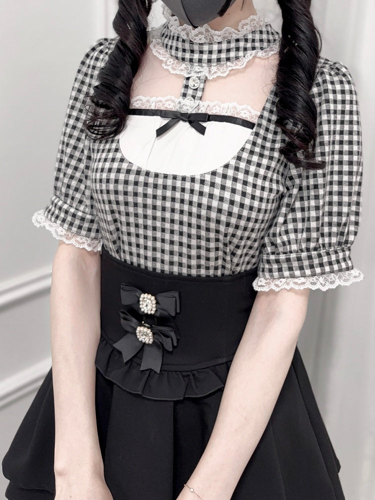 Blouse Jirai Kei Black and White Plaid Banded Collar Cutout Front Short Sleeves