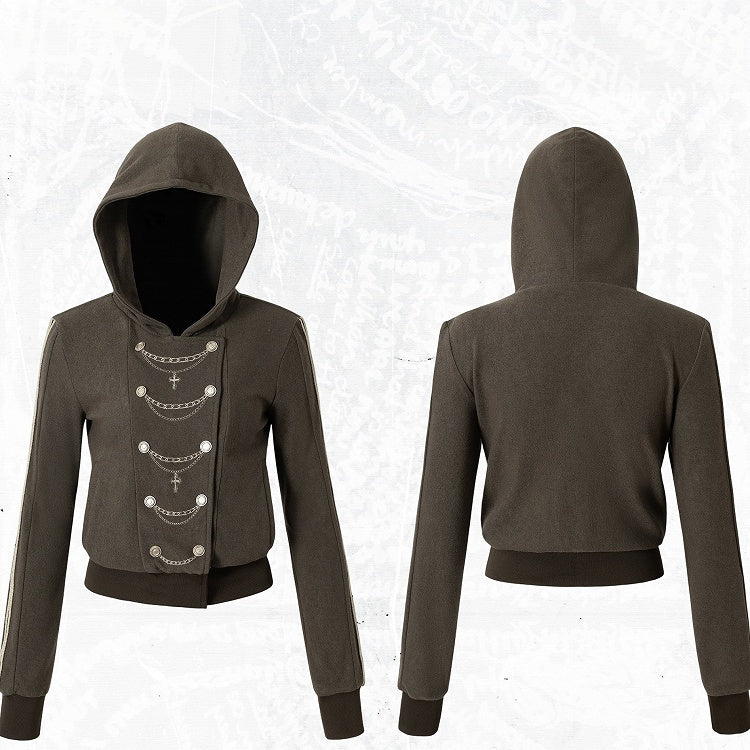 Khaki Green Double-Breasted Hooded Jacket with Chain Embroidery Details, Punk Fashion - NO ROMANCE