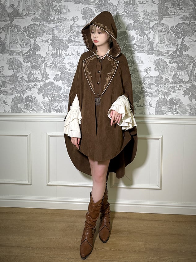 Embroidery Cloak Lolita Zip Coffee Detail Hood Ouji