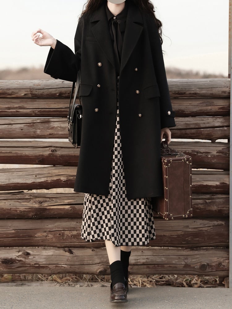 Black Notched Collar Double-Breasted Woolen Coat