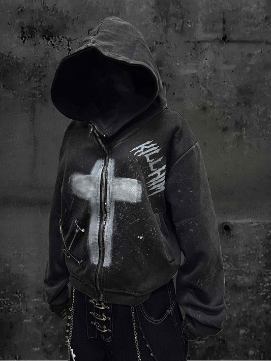Design Wasteland Gray Punk and Hoodie Zip-Up Cross Wash with Faded