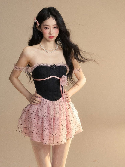 Dress Tiered Polka-Dot Mesh Skirt Floral Black  Pink Mini Accent Pattern