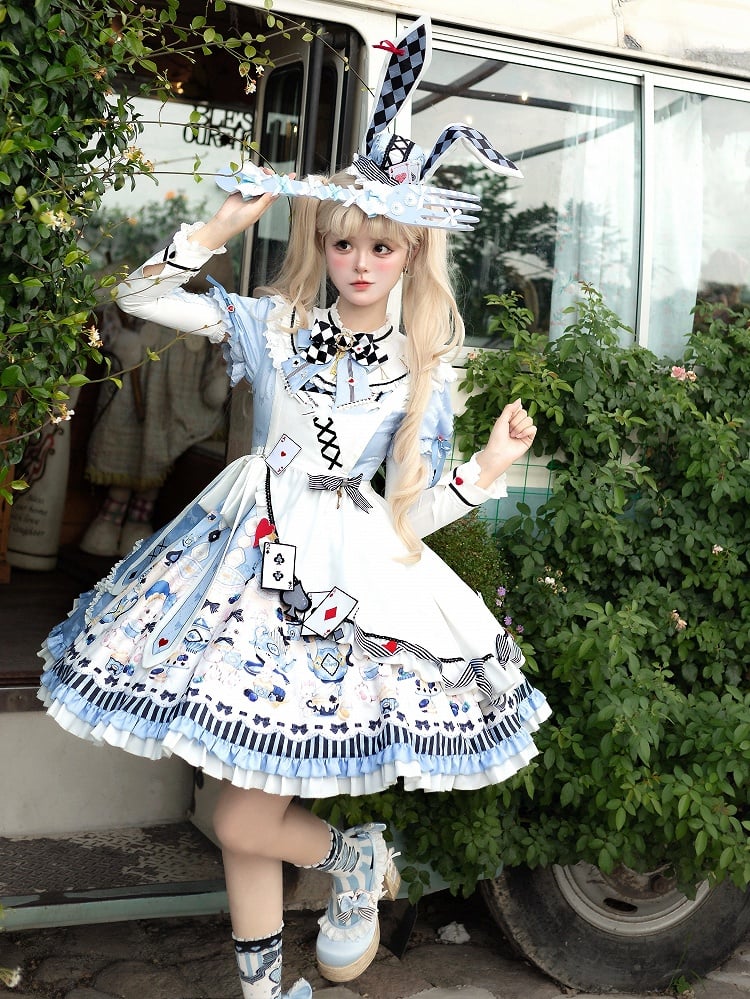 Sweet Lolita Apron Dress OP Full Set with Bunny & Teapot Print in Blue - Ying Luo Fu