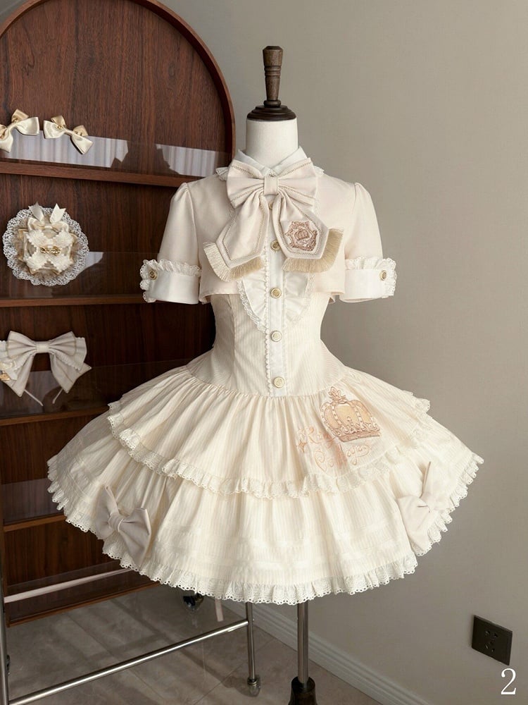 Beige Preppy Striped Two-Piece Gown with Crown Embroidery - Fairy Faith