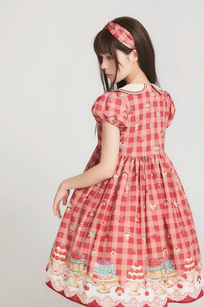 Rotes, hoch tailliertes Lolita-Kleid mit Kirsch- und Dessert-Gingham-Muster