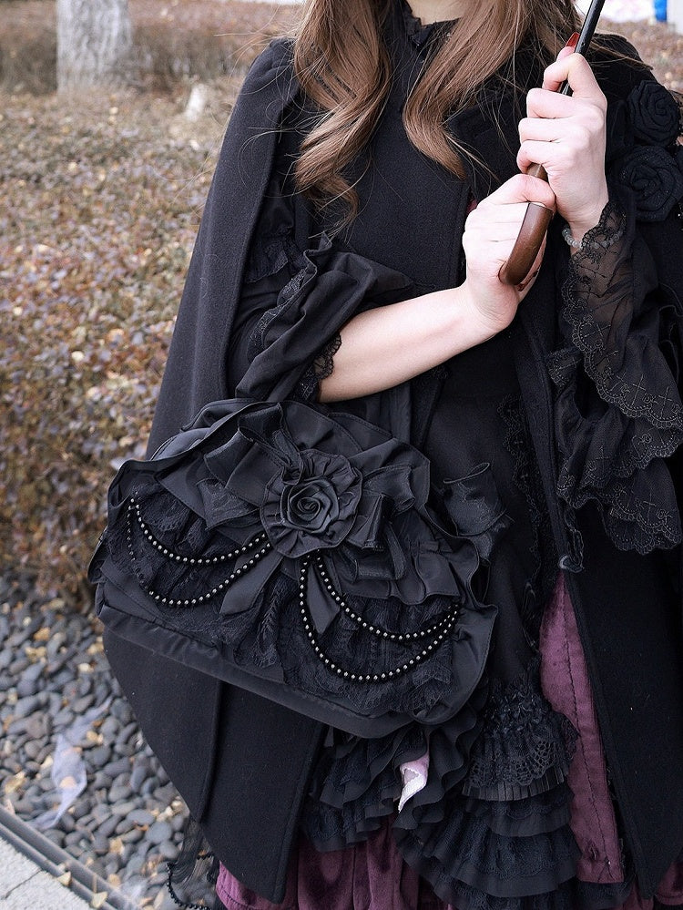 Floral Lace Gothic Black Handbag with Beads - Widow-maker