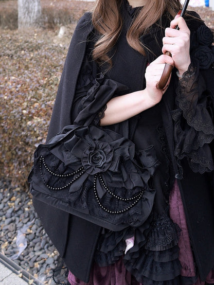 Floral Lace Gothic Black Handbag with Beads - Widow-maker