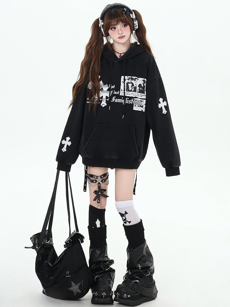 Schwarz/Weinroter Kapuzenpullover mit Kreuzen-Print