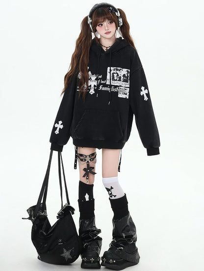 Schwarz/Weinroter Kapuzenpullover mit Kreuzen-Print