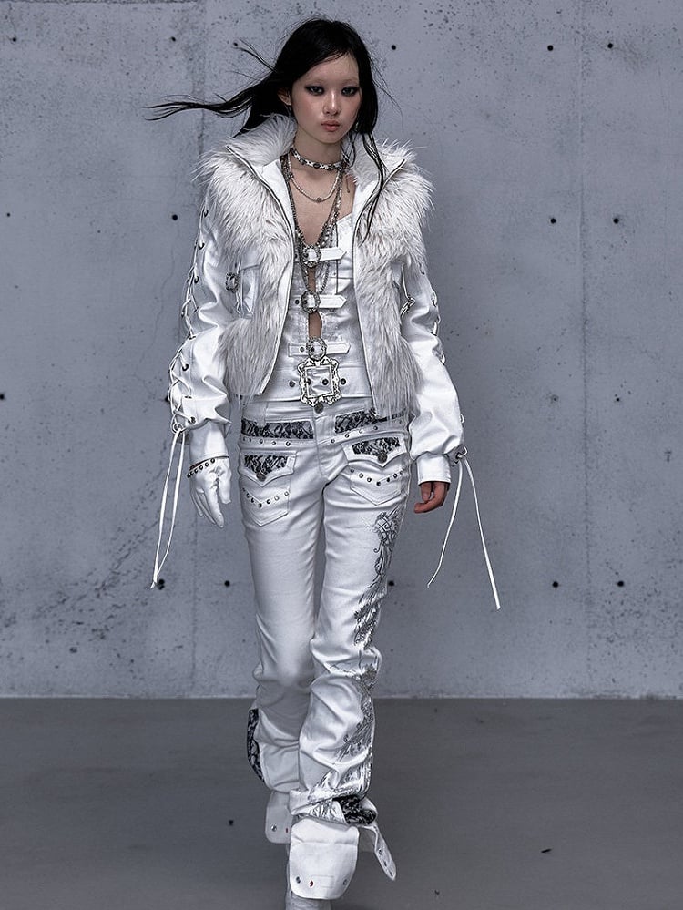 Embellishments Studded Jeans Punk Lace White Flare Silver with Vintage Details Slight