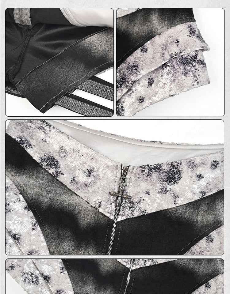 Fashion Asymmetrical Skort Y3K Futuristic Black and Silver Low-Waist Side Elastic Bands Cyberpunk