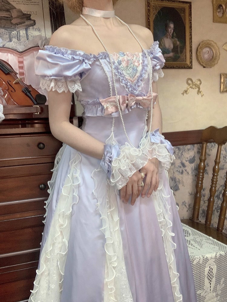 Blue Slim Fit Waist Floral Square Neckline Elegant Lolita Empire Dress BE005