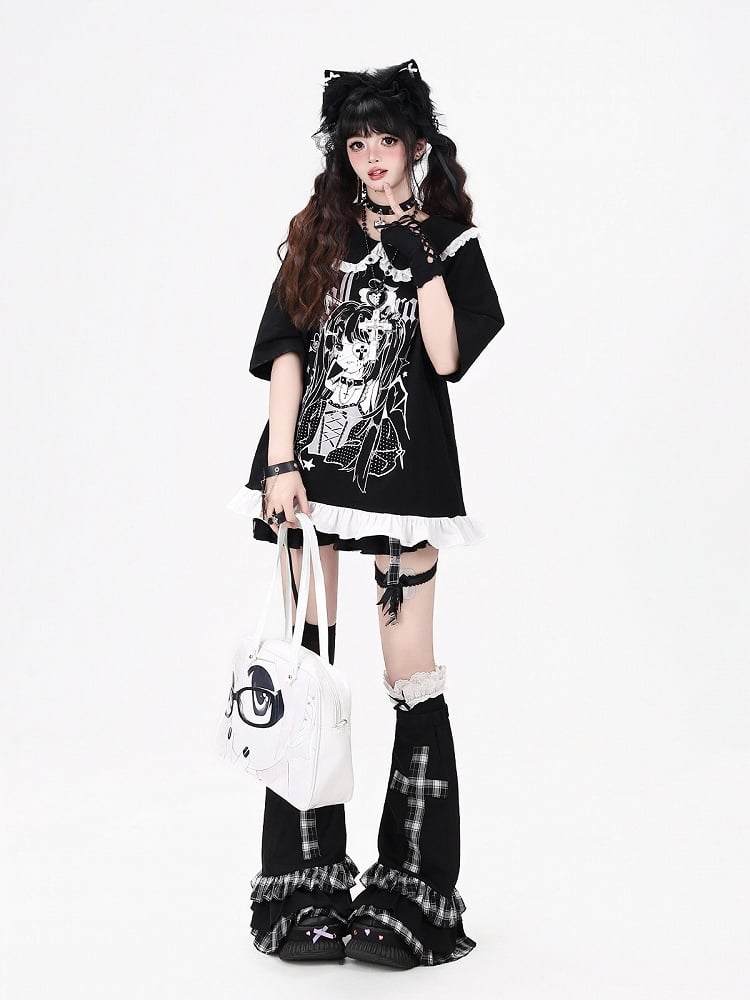 Anime Girl Print Black Peter Pan Collar Short Sleeve T-Shirt with Ruffle Hem - CRAZY GIRL