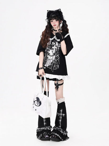 Anime Girl Print Black Peter Pan Collar Short Sleeve T-Shirt with Ruffle Hem - CRAZY GIRL