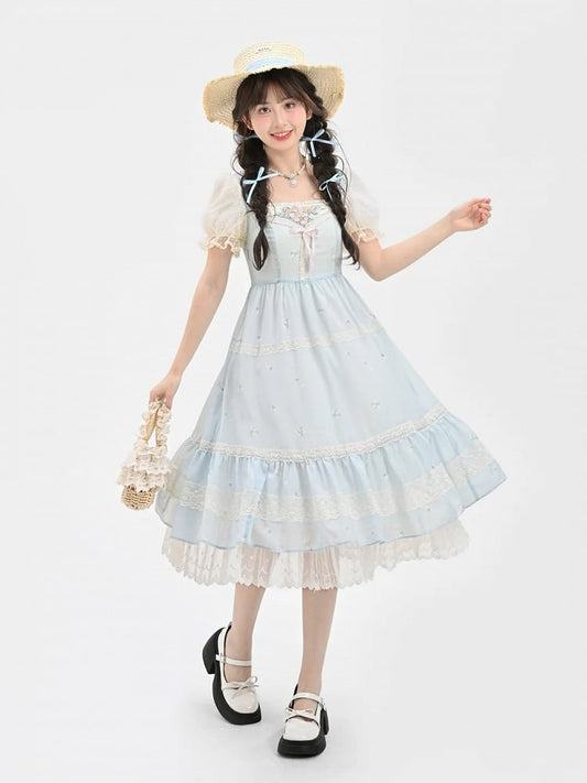 Country Neckline Cottagecore Square Kei Kleid Elegante blaue florale Lolita Mori Stickerei