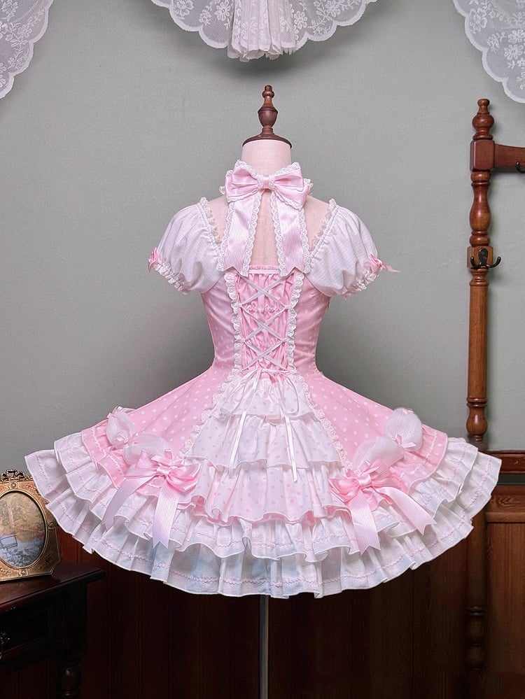 Sleeves Polka and Pink Old with Dress Lolita Accents Bow Neck Halter Dot Puff School